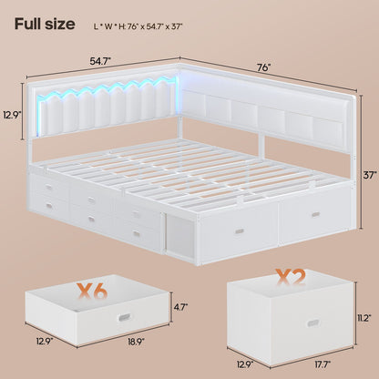 ADORNEVE Full Corner Bed Frame with 8 Drawers and 6 Storage Kids Teen Daybed with RGB Lights and L-Shaped Upholstered Guardrail