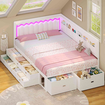 ADORNEVE Full Corner Bed Frame with 8 Drawers and 6 Storage Kids Teen Daybed with RGB Lights and L-Shaped Upholstered Guardrail
