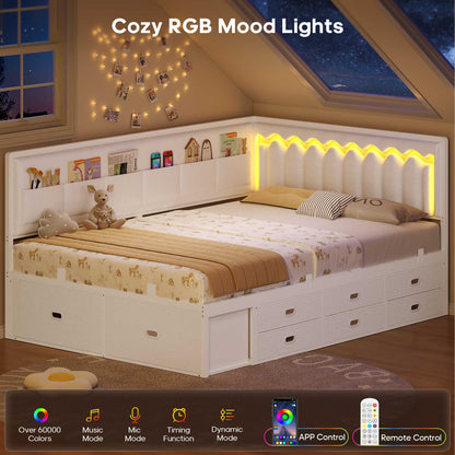 ADORNEVE Full Corner Bed Frame with 8 Drawers and 6 Storage Kids Teen Daybed with RGB Lights and L-Shaped Upholstered Guardrail