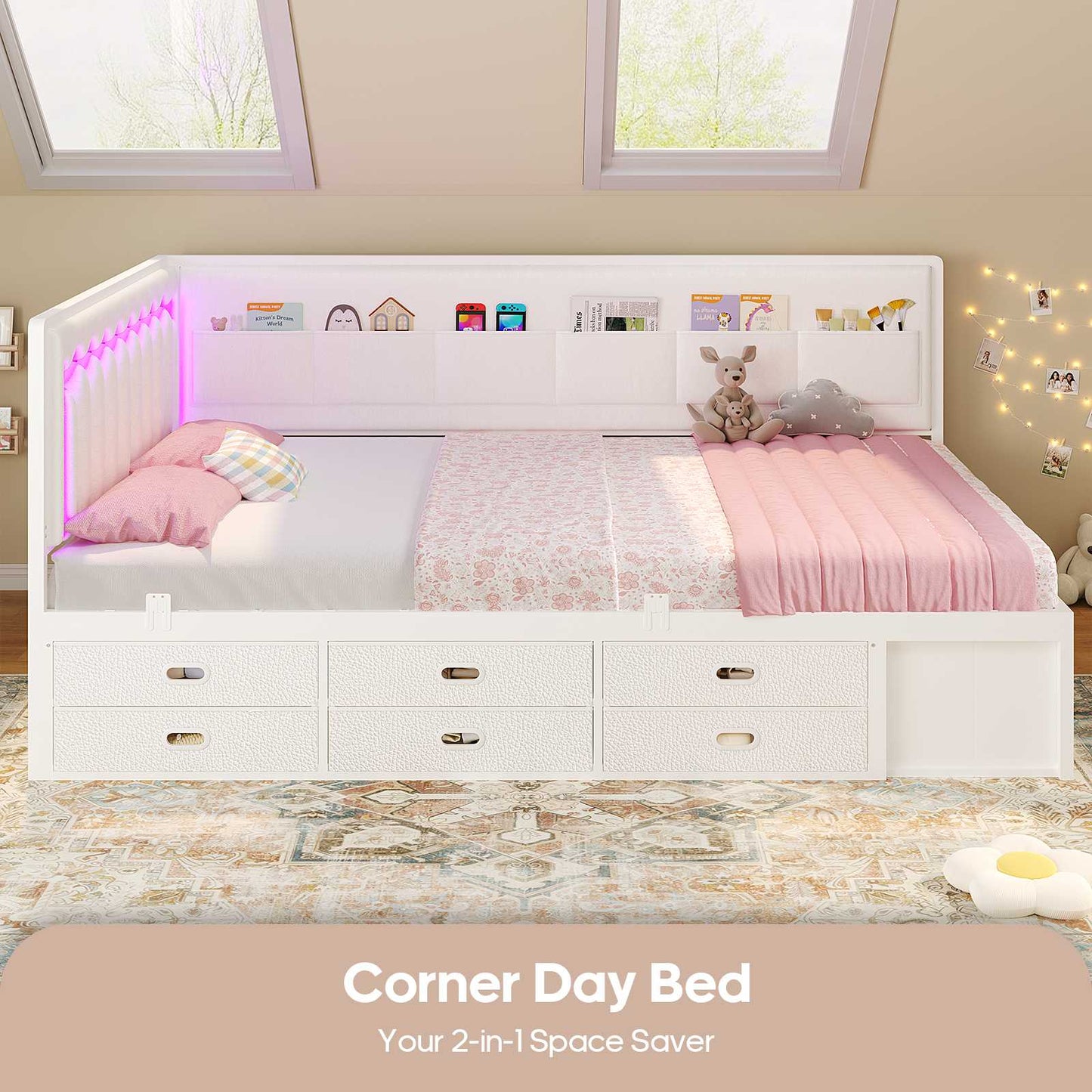 ADORNEVE Full Corner Bed Frame with 8 Drawers and 6 Storage Kids Teen Daybed with RGB Lights and L-Shaped Upholstered Guardrail