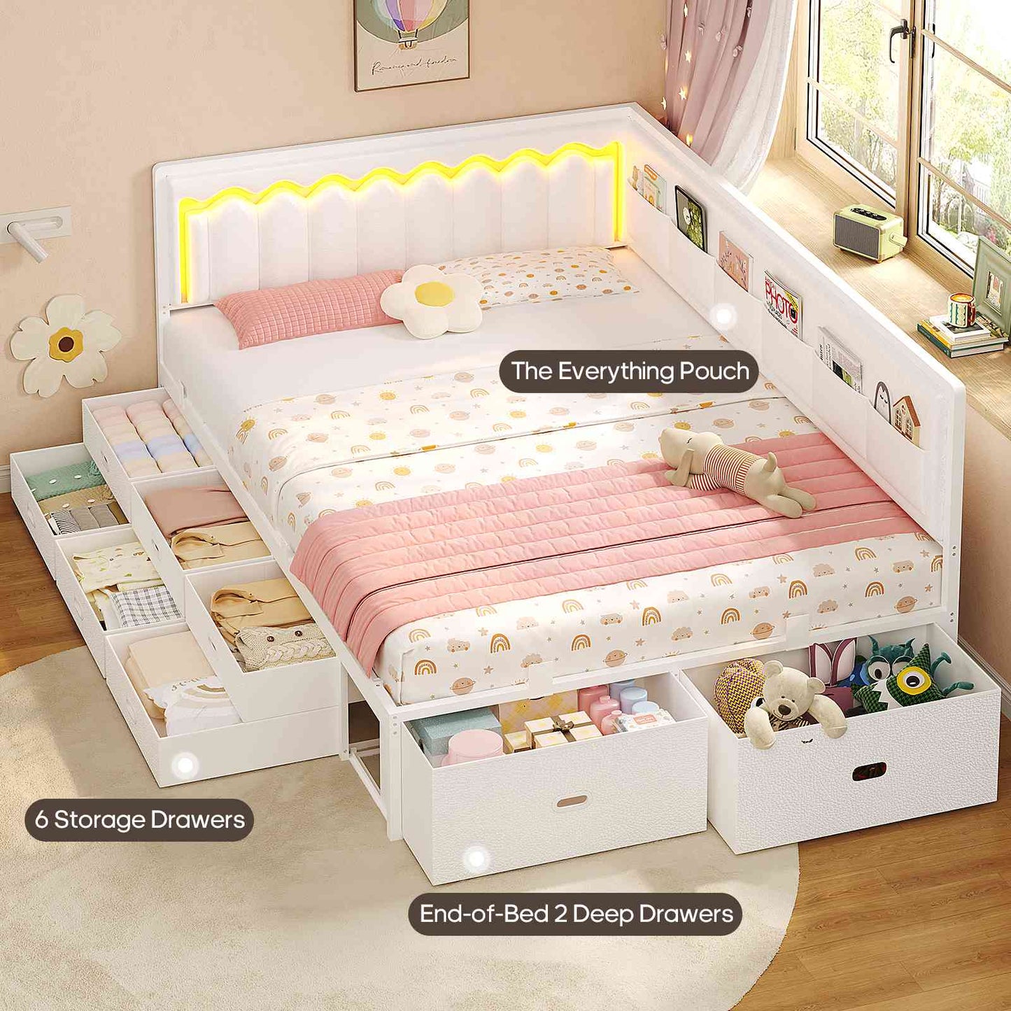 ADORNEVE Full Corner Bed Frame with 8 Drawers and 6 Storage Kids Teen Daybed with RGB Lights and L-Shaped Upholstered Guardrail