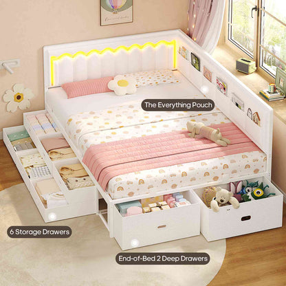 ADORNEVE Full Corner Bed Frame with 8 Drawers and 6 Storage Kids Teen Daybed with RGB Lights and L-Shaped Upholstered Guardrail