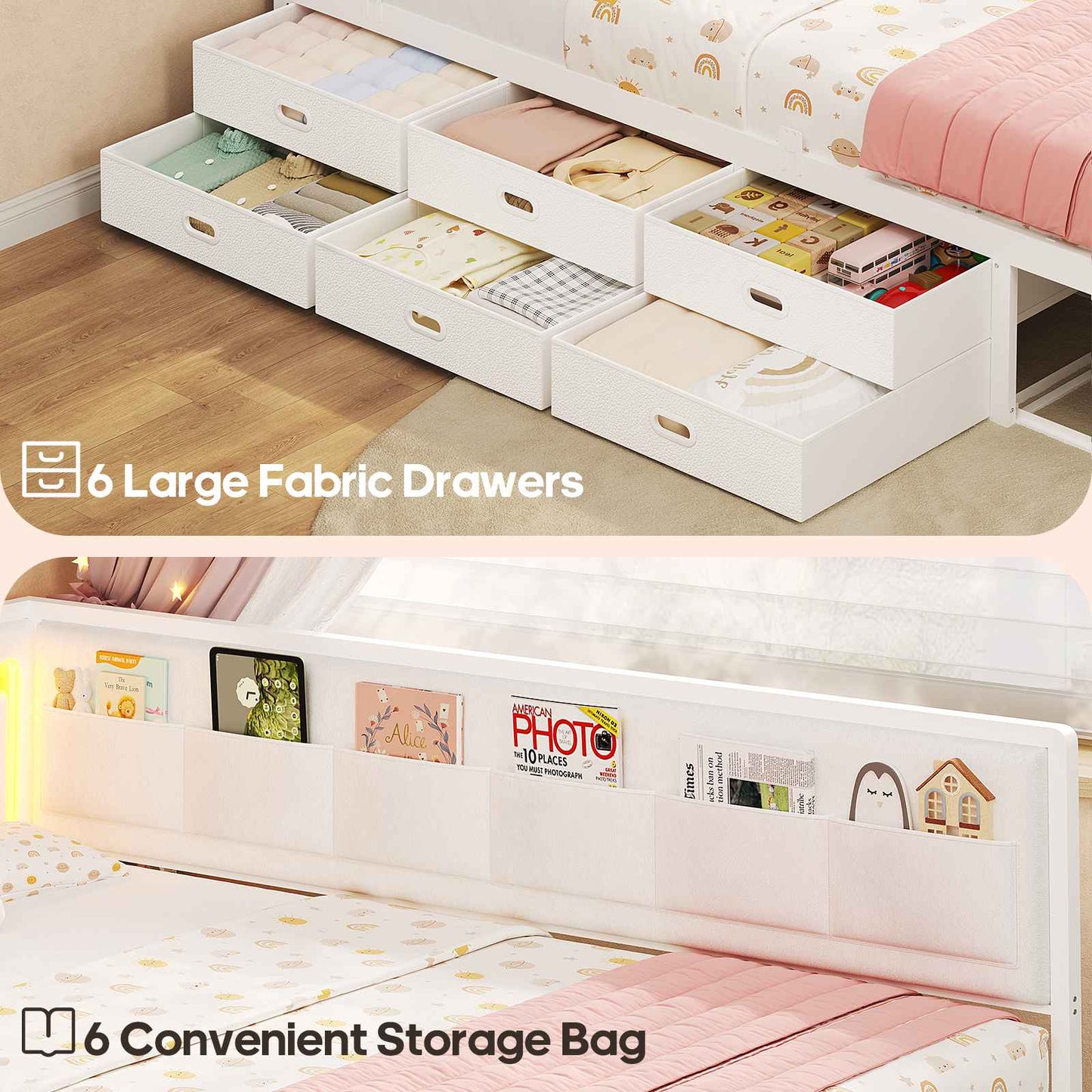 ADORNEVE Full Corner Bed Frame with 8 Drawers and 6 Storage Kids Teen Daybed with RGB Lights and L-Shaped Upholstered Guardrail