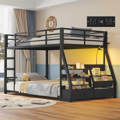 ADORNEVE Bunk Bed Twin Size with Bookshelf and Drawers LED Metal Kids Bunk with Power Outlet and Full-Length Guardrail Slats