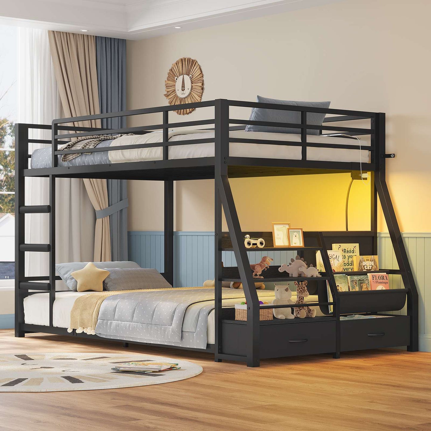 ADORNEVE Bunk Bed Twin Size with Bookshelf and Drawers LED Metal Kids Bunk with Power Outlet and Full-Length Guardrail Slats
