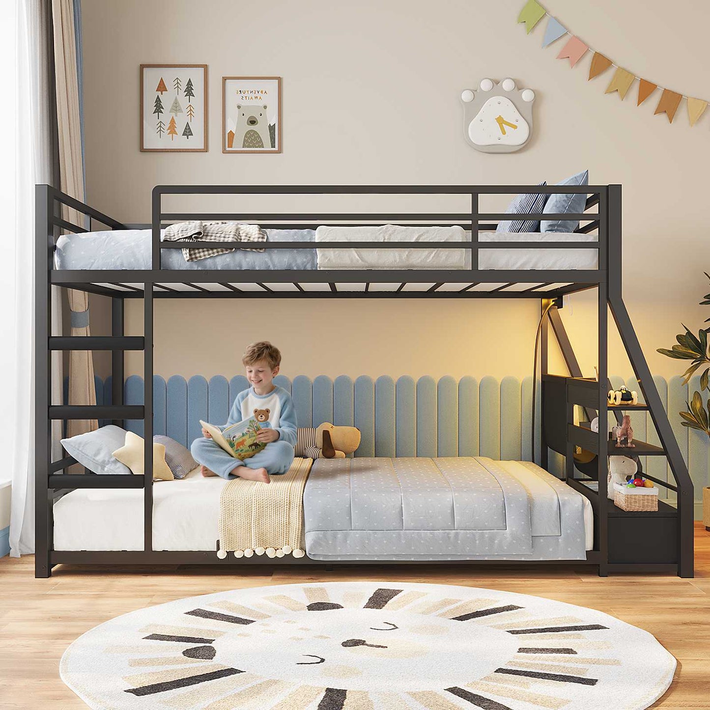 ADORNEVE Bunk Bed Twin Size with Bookshelf and Drawers LED Metal Kids Bunk with Power Outlet and Full-Length Guardrail Slats