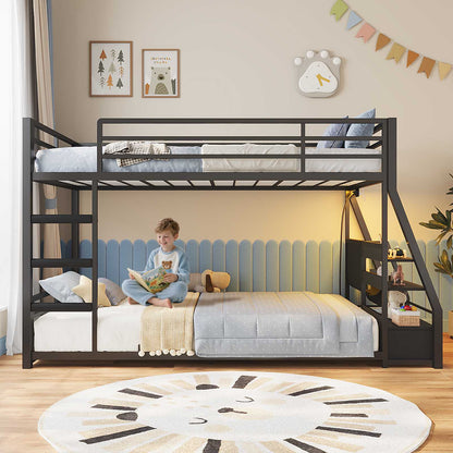 ADORNEVE Bunk Bed Twin Size with Bookshelf and Drawers LED Metal Kids Bunk with Power Outlet and Full-Length Guardrail Slats