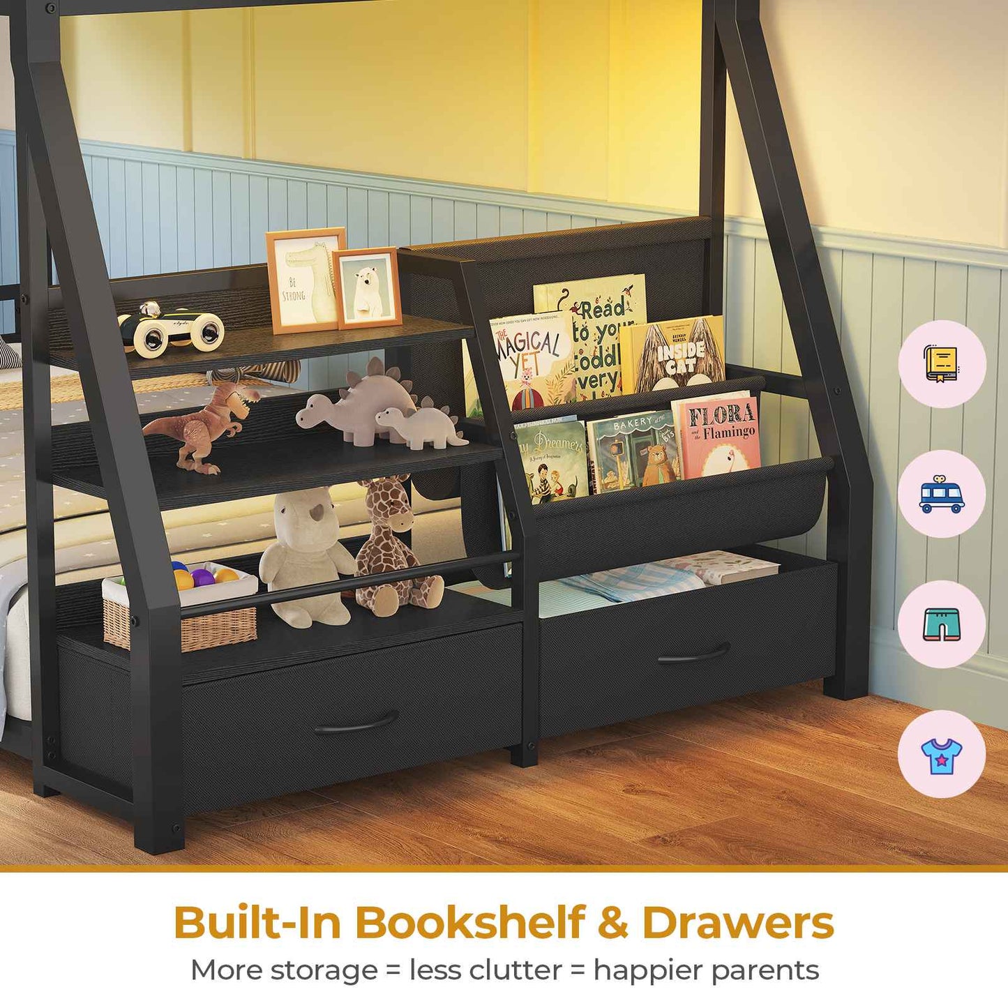 ADORNEVE Bunk Bed Twin Size with Bookshelf and Drawers LED Metal Kids Bunk with Power Outlet and Full-Length Guardrail Slats