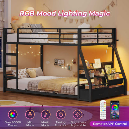 ADORNEVE Bunk Bed Twin Size with Bookshelf and Drawers LED Metal Kids Bunk with Power Outlet and Full-Length Guardrail Slats