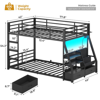 ADORNEVE Bunk Bed Twin Size with Bookshelf and Drawers LED Metal Kids Bunk with Power Outlet and Full-Length Guardrail Slats