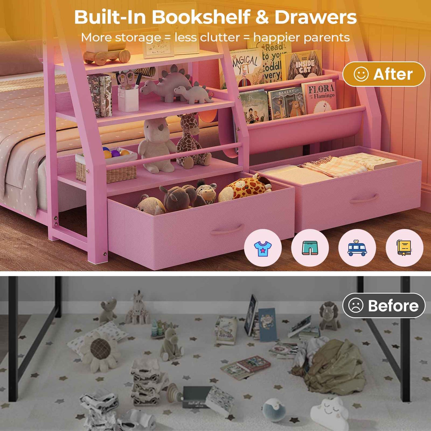 ADORNEVE Bunk Bed Twin Size with Bookshelf and Drawers LED Metal Kids Bunk with Power Outlet and Full-Length Guardrail Slats