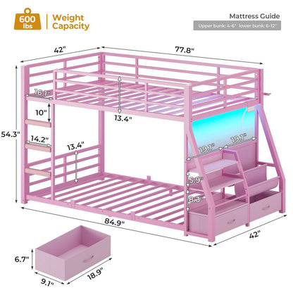 ADORNEVE Bunk Bed Twin Size with Bookshelf and Drawers LED Metal Kids Bunk with Power Outlet and Full-Length Guardrail Slats