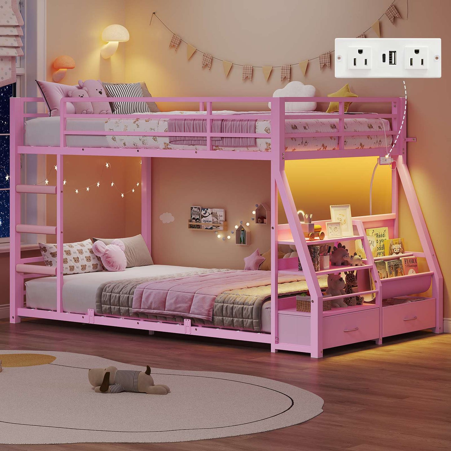 ADORNEVE Bunk Bed Twin Size with Bookshelf and Drawers LED Metal Kids Bunk with Power Outlet and Full-Length Guardrail Slats