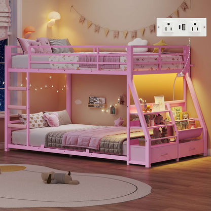 ADORNEVE Bunk Bed Twin Size with Bookshelf and Drawers LED Metal Kids Bunk with Power Outlet and Full-Length Guardrail Slats