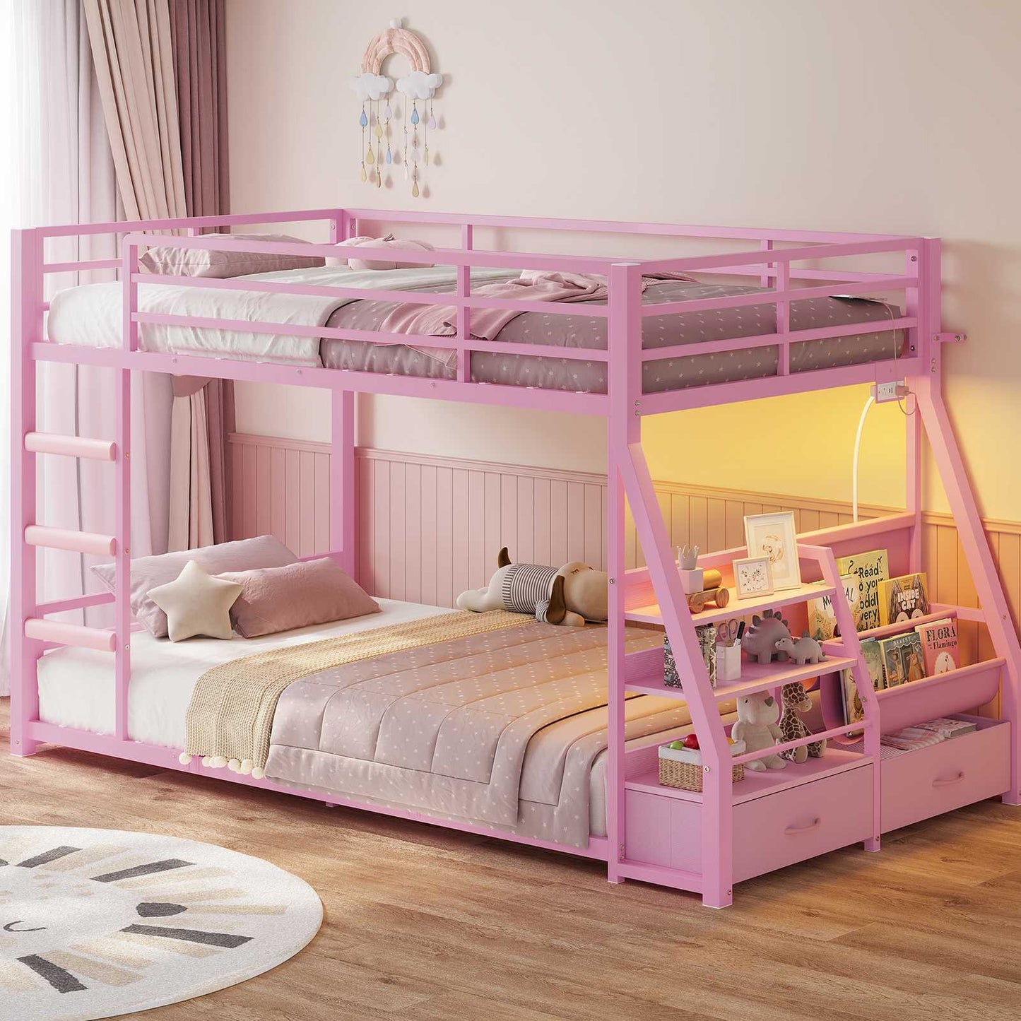 ADORNEVE Bunk Bed Twin Size with Bookshelf and Drawers LED Metal Kids Bunk with Power Outlet and Full-Length Guardrail Slats