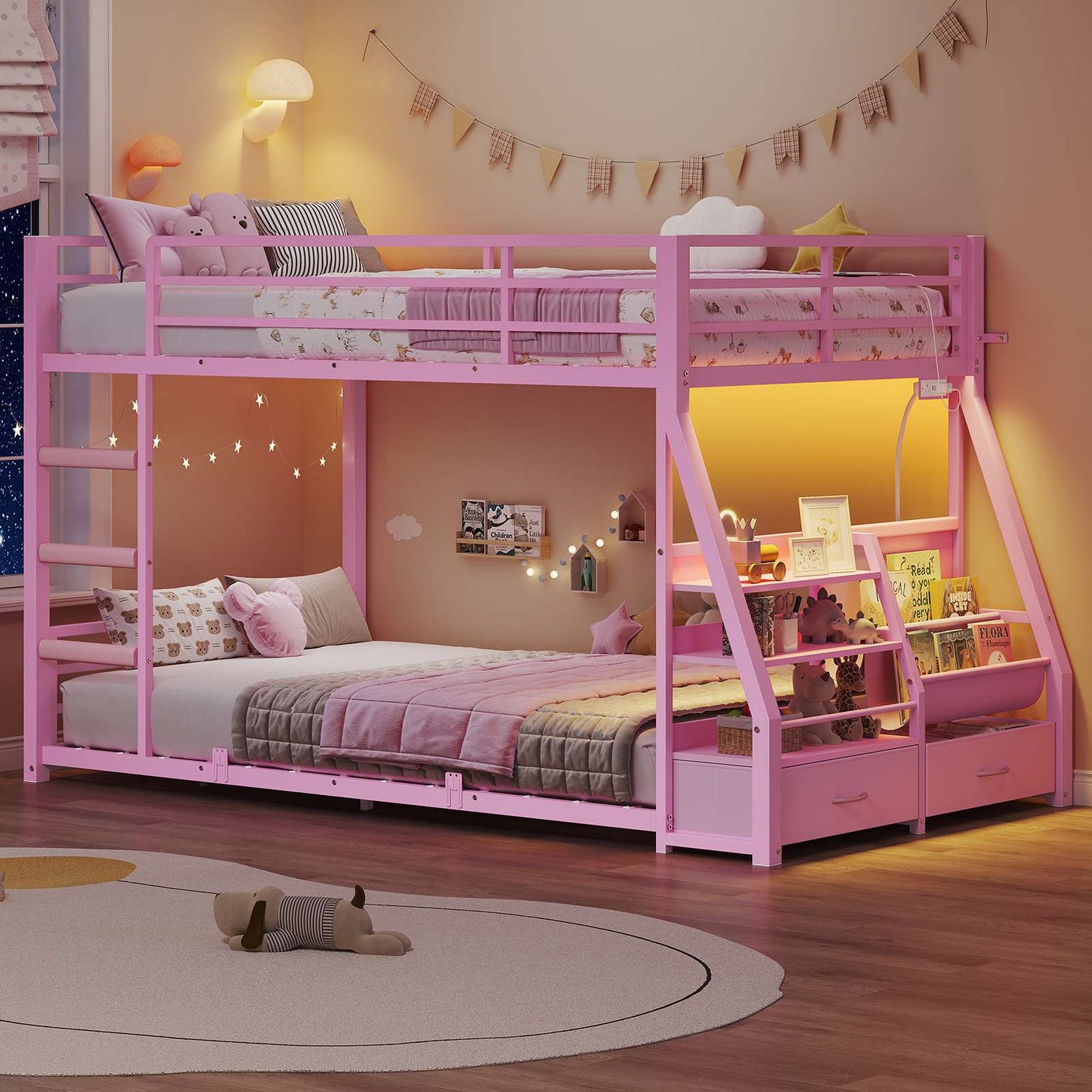 ADORNEVE Bunk Bed Twin Size with Bookshelf and Drawers LED Metal Kids Bunk with Power Outlet and Full-Length Guardrail Slats