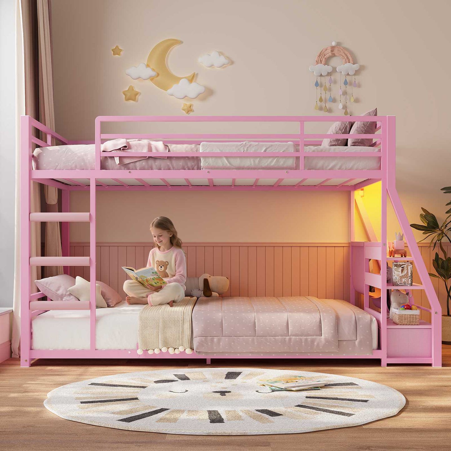 ADORNEVE Bunk Bed Twin Size with Bookshelf and Drawers LED Metal Kids Bunk with Power Outlet and Full-Length Guardrail Slats