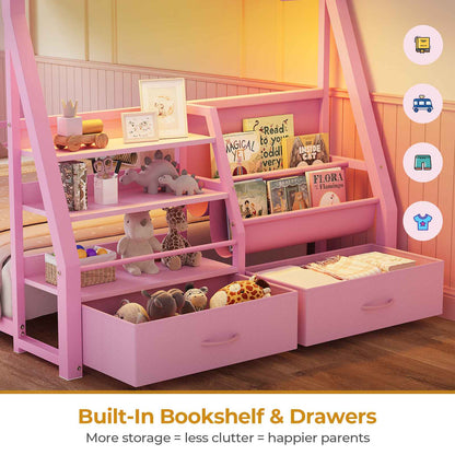 ADORNEVE Bunk Bed Twin Size with Bookshelf and Drawers LED Metal Kids Bunk with Power Outlet and Full-Length Guardrail Slats