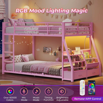 ADORNEVE Bunk Bed Twin Size with Bookshelf and Drawers LED Metal Kids Bunk with Power Outlet and Full-Length Guardrail Slats