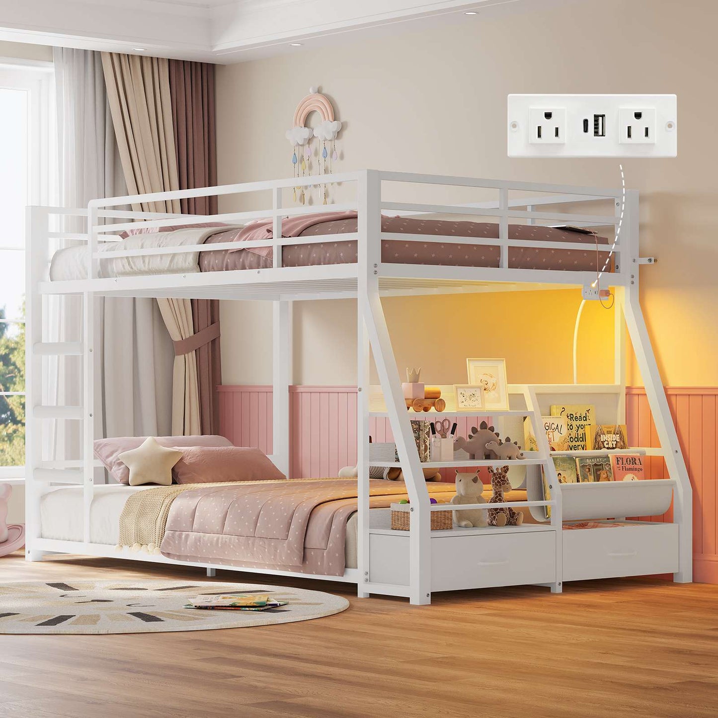 ADORNEVE Bunk Bed Twin Size with Bookshelf and Drawers LED Metal Kids Bunk with Power Outlet and Full-Length Guardrail Slats