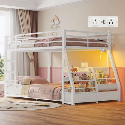 ADORNEVE Bunk Bed Twin Size with Bookshelf and Drawers LED Metal Kids Bunk with Power Outlet and Full-Length Guardrail Slats