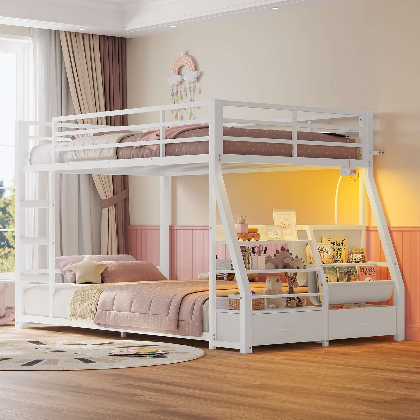 ADORNEVE Bunk Bed Twin Size with Bookshelf and Drawers LED Metal Kids Bunk with Power Outlet and Full-Length Guardrail Slats