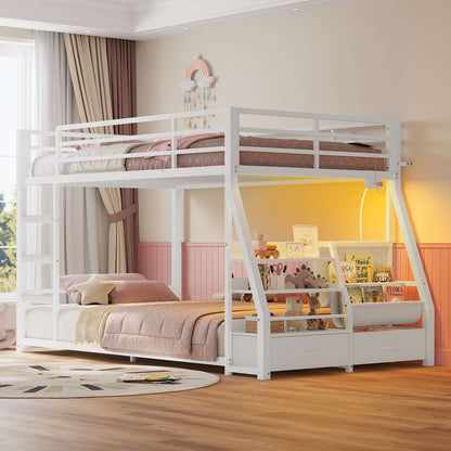 ADORNEVE Bunk Bed Twin Size with Bookshelf and Drawers LED Metal Kids Bunk with Power Outlet and Full-Length Guardrail Slats