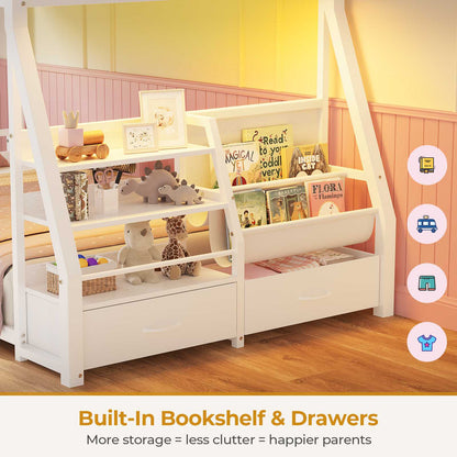 ADORNEVE Bunk Bed Twin Size with Bookshelf and Drawers LED Metal Kids Bunk with Power Outlet and Full-Length Guardrail Slats