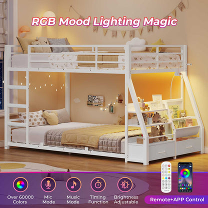 ADORNEVE Bunk Bed Twin Size with Bookshelf and Drawers LED Metal Kids Bunk with Power Outlet and Full-Length Guardrail Slats