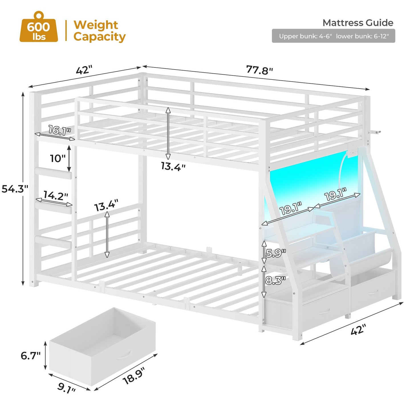 ADORNEVE Bunk Bed Twin Size with Bookshelf and Drawers LED Metal Kids Bunk with Power Outlet and Full-Length Guardrail Slats