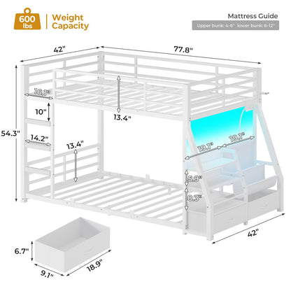 ADORNEVE Bunk Bed Twin Size with Bookshelf and Drawers LED Metal Kids Bunk with Power Outlet and Full-Length Guardrail Slats