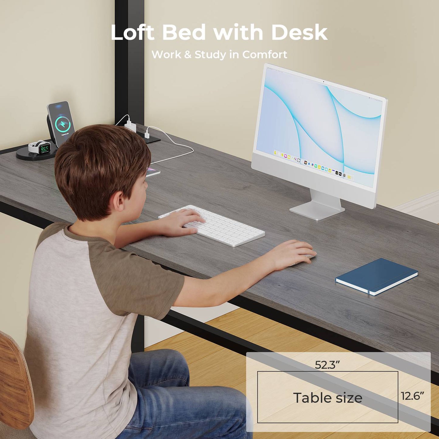 ADORNEVE Loft Bed Full Size with Desk and 14 Drawers Power Outlet Metal Teens Loft Beds with LED Lights and Safety Guardrail