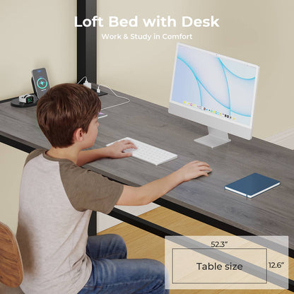 ADORNEVE Loft Bed Full Size with Desk and 14 Drawers Power Outlet Metal Teens Loft Beds with LED Lights and Safety Guardrail