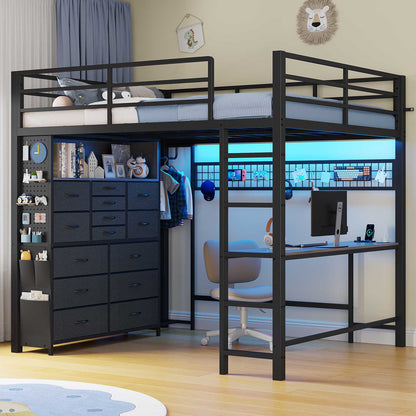 ADORNEVE Loft Bed Full Size with Desk and 14 Drawers Power Outlet Metal Teens Loft Beds with LED Lights and Safety Guardrail