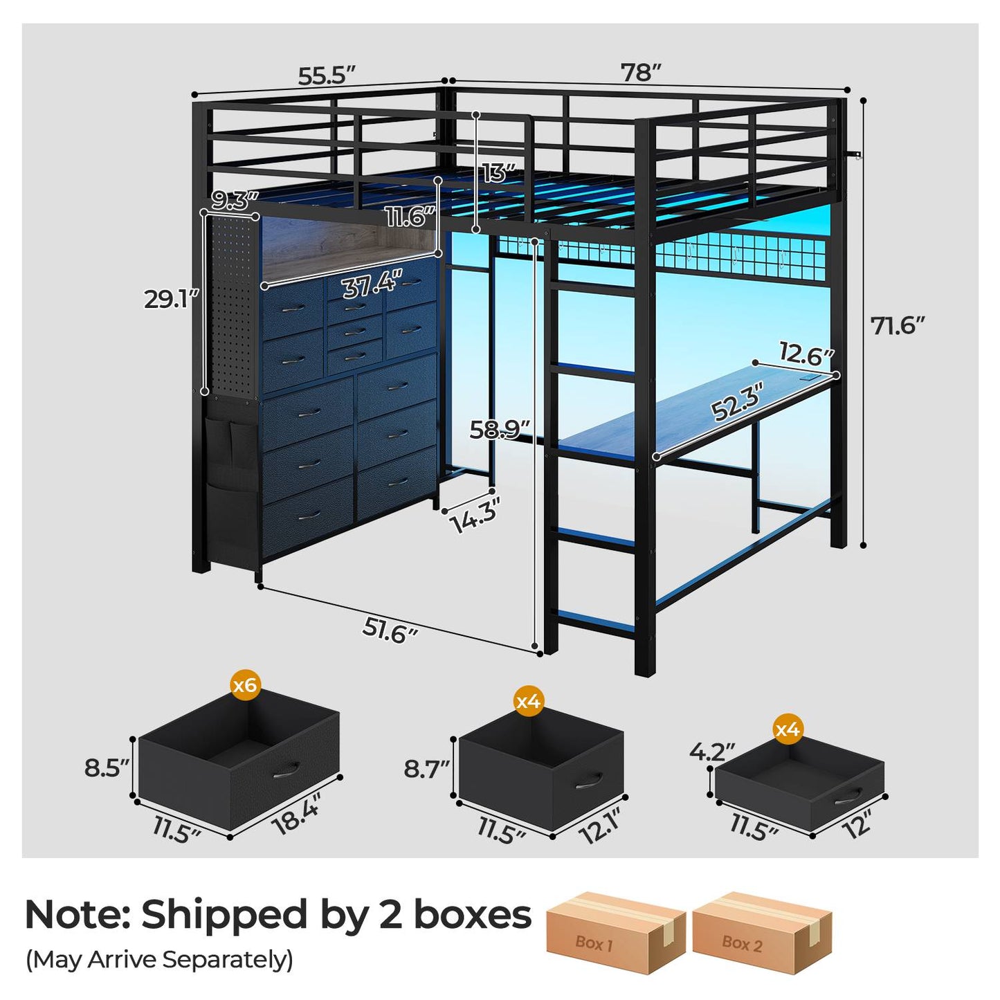 ADORNEVE Loft Bed Full Size with Desk and 14 Drawers Power Outlet Metal Teens Loft Beds with LED Lights and Safety Guardrail