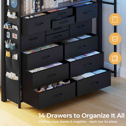 ADORNEVE Loft Bed Full Size with Desk and 14 Drawers Power Outlet Metal Teens Loft Beds with LED Lights and Safety Guardrail
