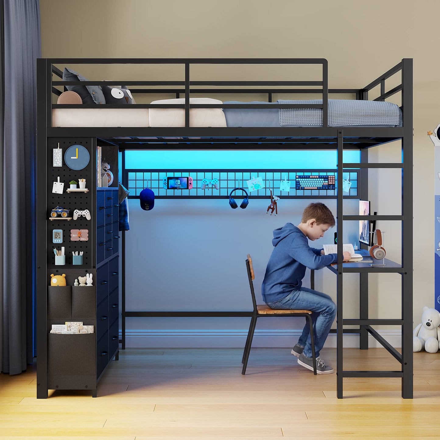 ADORNEVE Loft Bed Full Size with Desk and 14 Drawers Power Outlet Metal Teens Loft Beds with LED Lights and Safety Guardrail