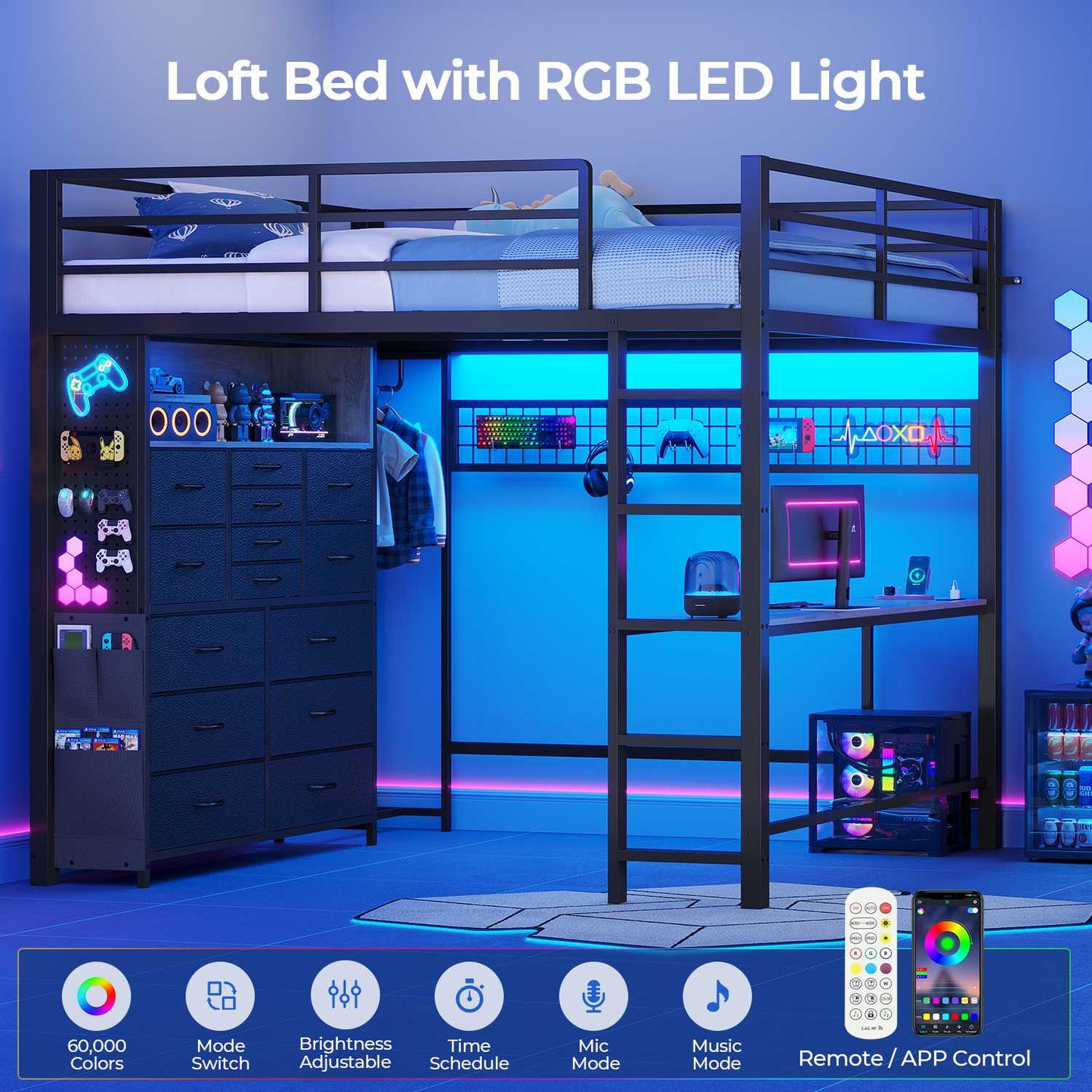 ADORNEVE Loft Bed Full Size with Desk and 14 Drawers Power Outlet Metal Teens Loft Beds with LED Lights and Safety Guardrail