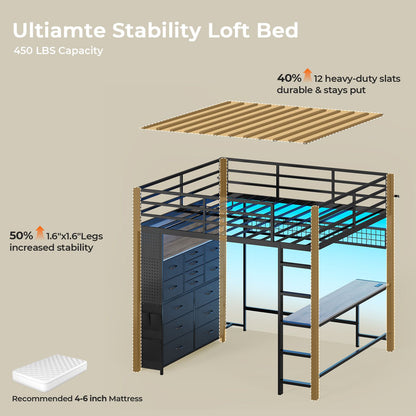 ADORNEVE Loft Bed Full Size with Desk and 14 Drawers Power Outlet Metal Teens Loft Beds with LED Lights and Safety Guardrail