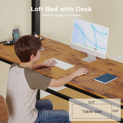 ADORNEVE Loft Bed Full Size with Desk and 14 Drawers Power Outlet Metal Teens Loft Beds with LED Lights and Safety Guardrail