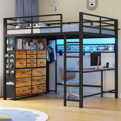ADORNEVE Loft Bed Full Size with Desk and 14 Drawers Power Outlet Metal Teens Loft Beds with LED Lights and Safety Guardrail