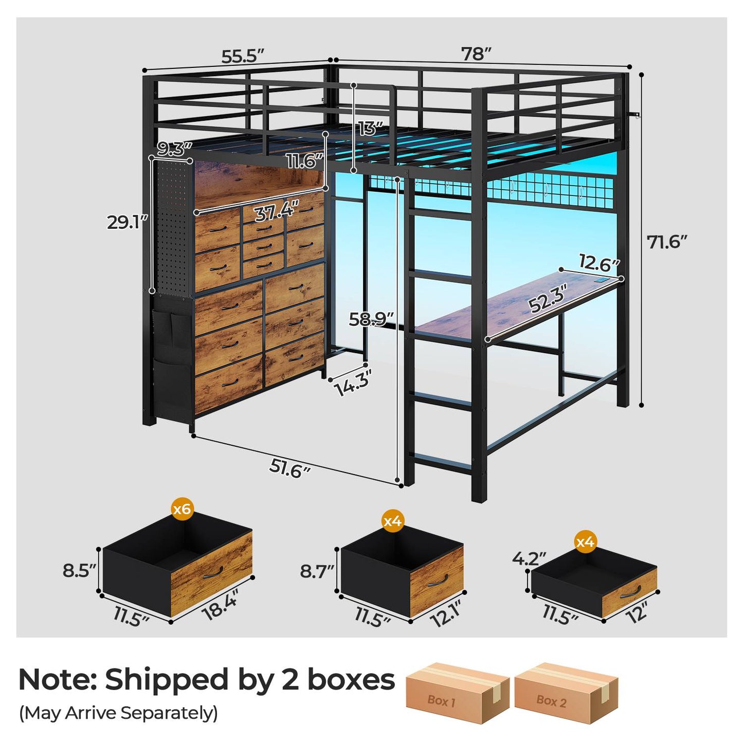 ADORNEVE Loft Bed Full Size with Desk and 14 Drawers Power Outlet Metal Teens Loft Beds with LED Lights and Safety Guardrail