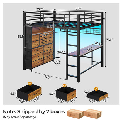 ADORNEVE Loft Bed Full Size with Desk and 14 Drawers Power Outlet Metal Teens Loft Beds with LED Lights and Safety Guardrail