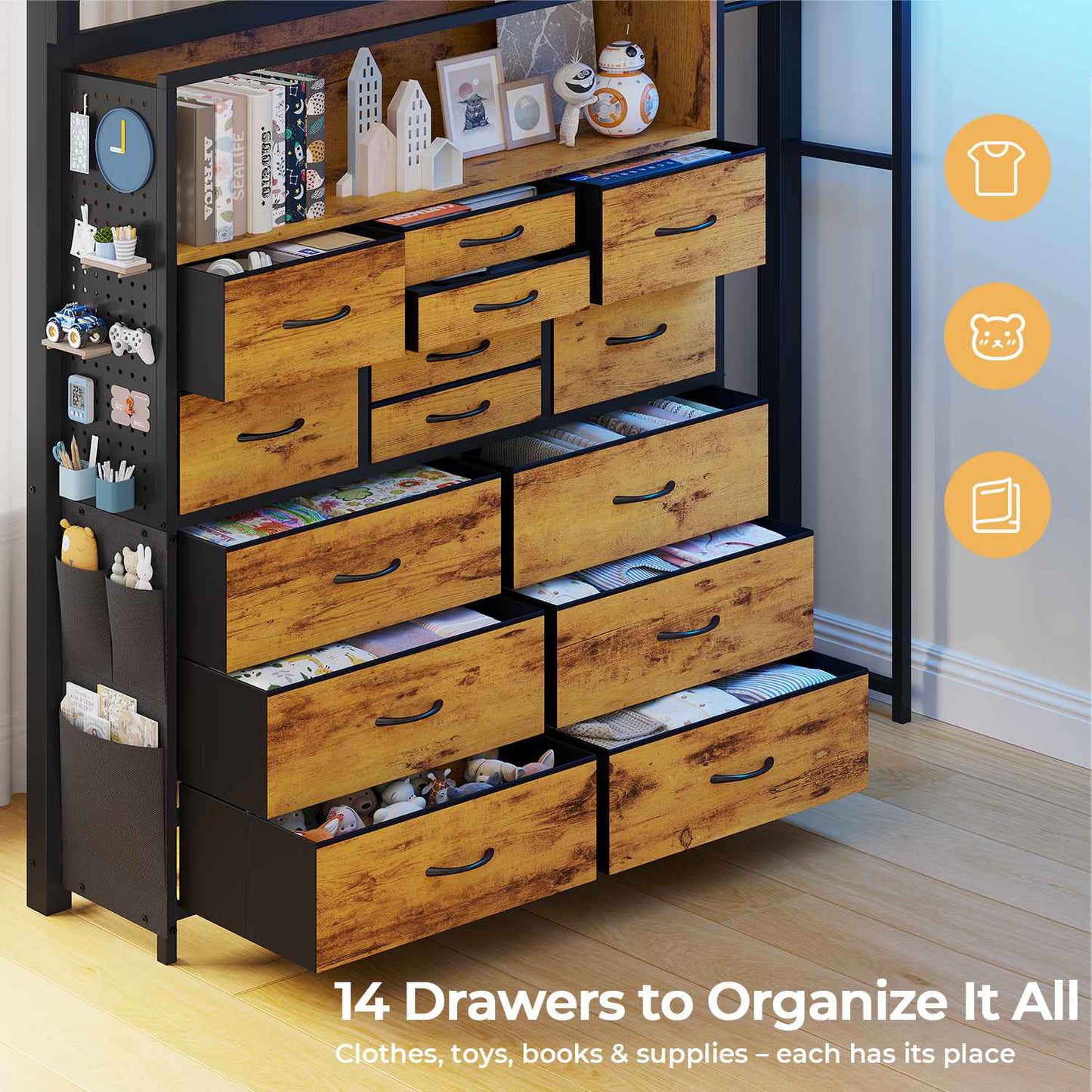 ADORNEVE Loft Bed Full Size with Desk and 14 Drawers Power Outlet Metal Teens Loft Beds with LED Lights and Safety Guardrail