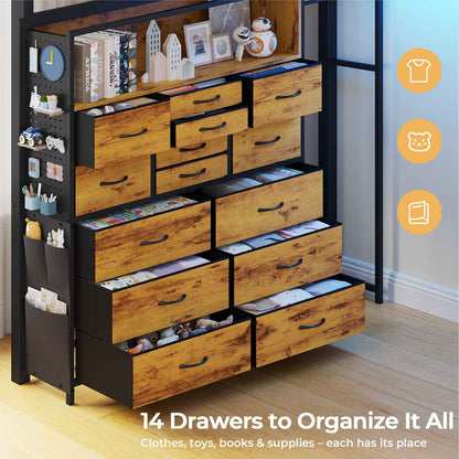 ADORNEVE Loft Bed Full Size with Desk and 14 Drawers Power Outlet Metal Teens Loft Beds with LED Lights and Safety Guardrail