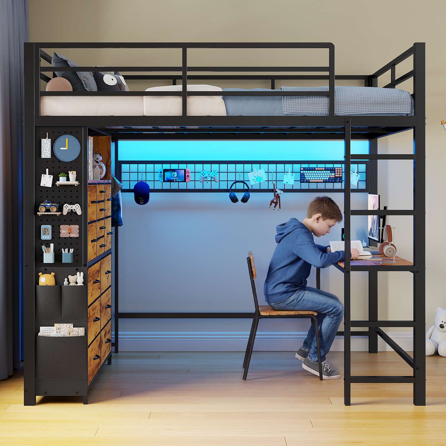 ADORNEVE Loft Bed Full Size with Desk and 14 Drawers Power Outlet Metal Teens Loft Beds with LED Lights and Safety Guardrail