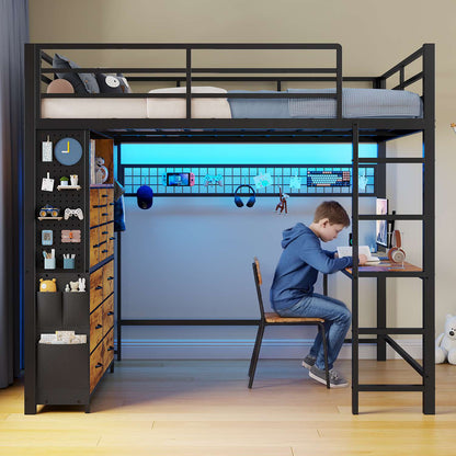 ADORNEVE Loft Bed Full Size with Desk and 14 Drawers Power Outlet Metal Teens Loft Beds with LED Lights and Safety Guardrail