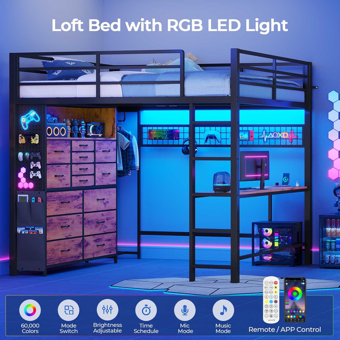 ADORNEVE Loft Bed Full Size with Desk and 14 Drawers Power Outlet Metal Teens Loft Beds with LED Lights and Safety Guardrail
