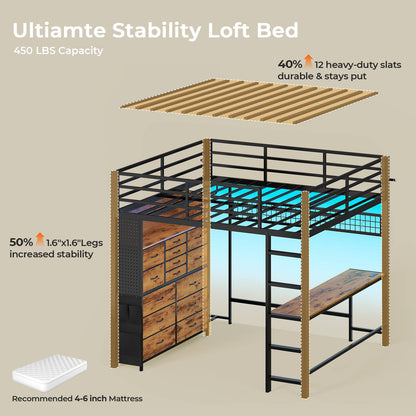ADORNEVE Loft Bed Full Size with Desk and 14 Drawers Power Outlet Metal Teens Loft Beds with LED Lights and Safety Guardrail