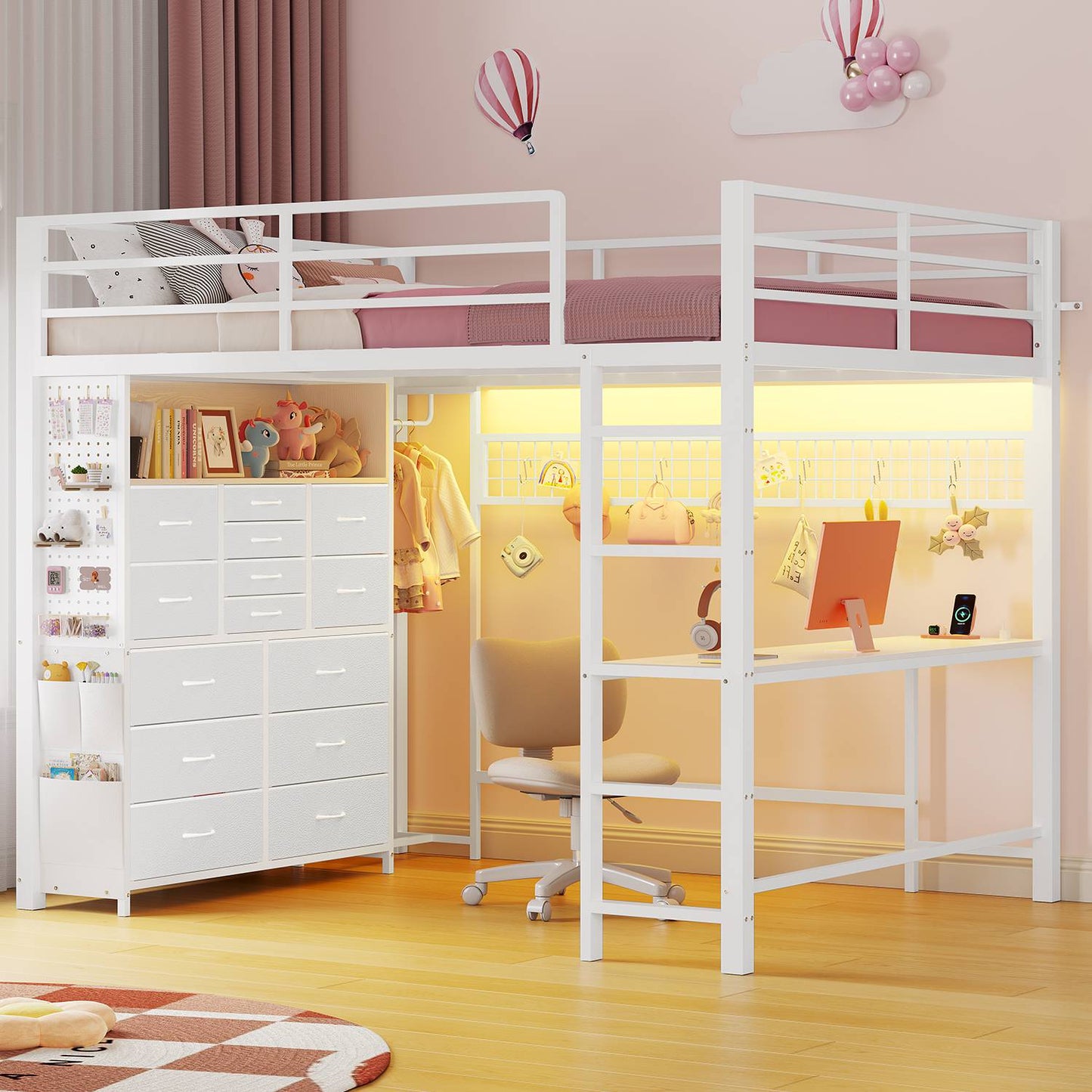 ADORNEVE Loft Bed Full Size with Desk and 14 Drawers Power Outlet Metal Teens Loft Beds with LED Lights and Safety Guardrail